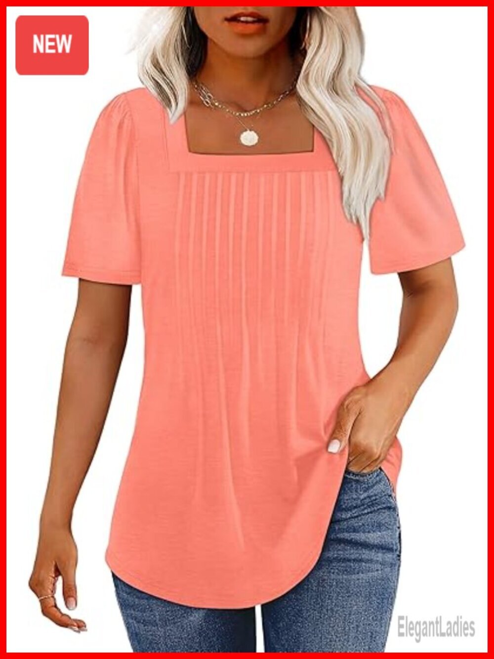 Pleated Square Neck Puff Short Sleeve Blouse Tunic Top Loose Fit